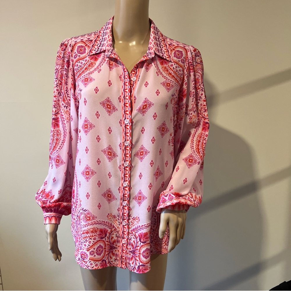 Hale Bob Pink and White Boxy Long Sleeve Blouse